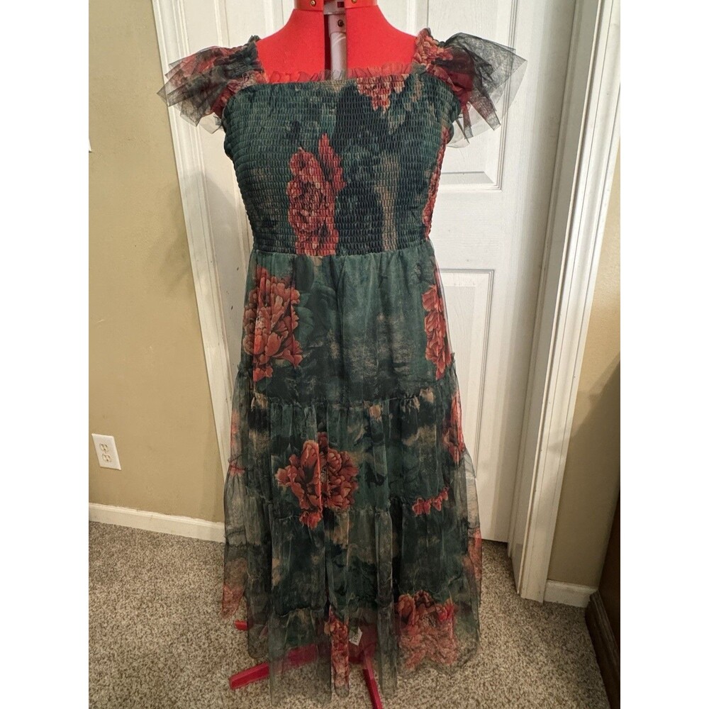 Baltic Born Green Floral Smocked Midi Dress L Tulle Puff Sleeve Cottagecore